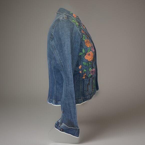 E by ECI Tailored Jacket Blue Denim Embroidered Floral Collared Snaps Read Size - Picture 4 of 11